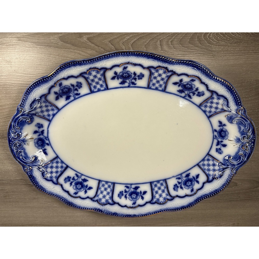 W.H. Grindley Melbourne Flow Blue Oval Platter Antique England Gold‎ Gilt 16"